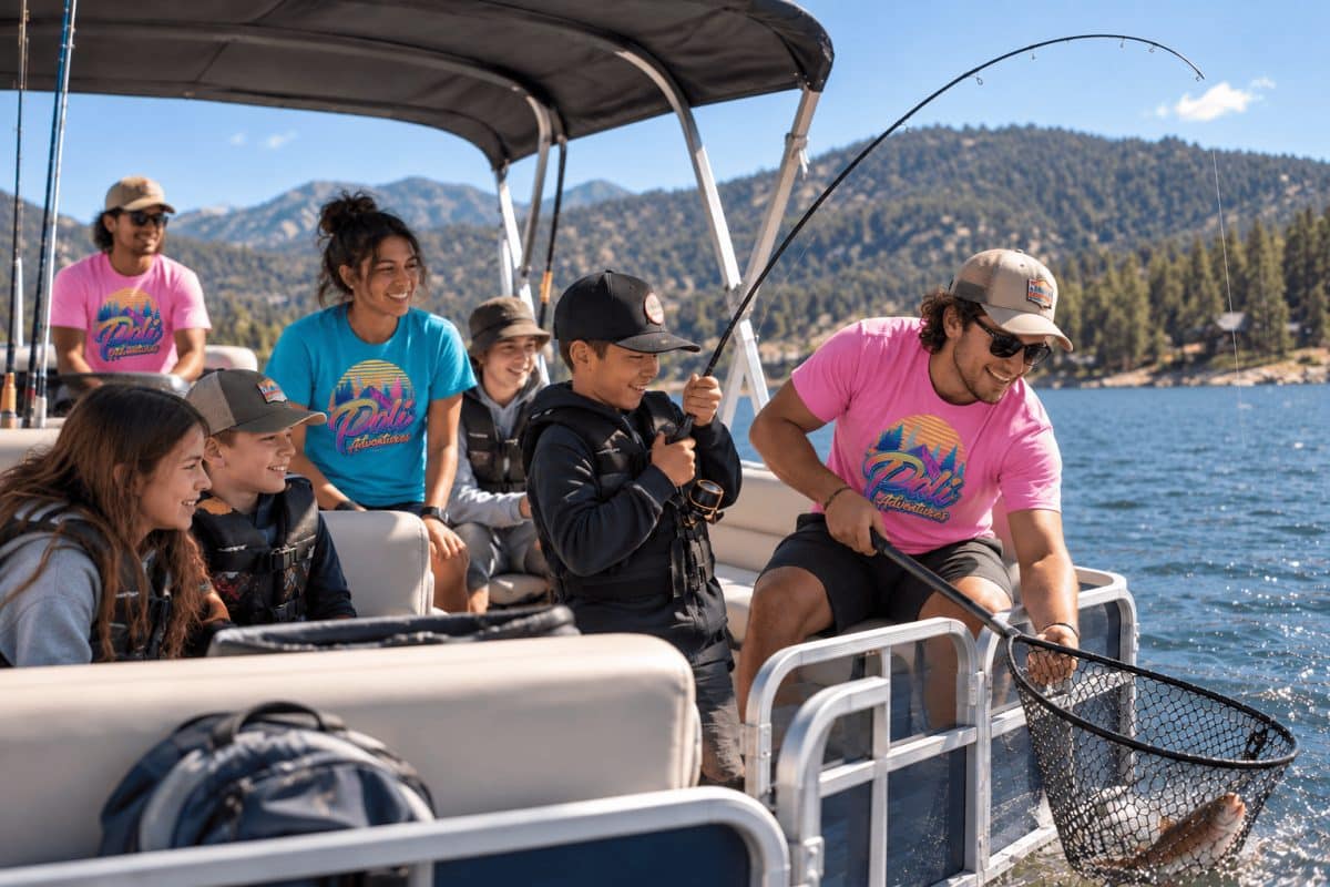 Campers fishing from a pontoon boat on Big Bear Lake